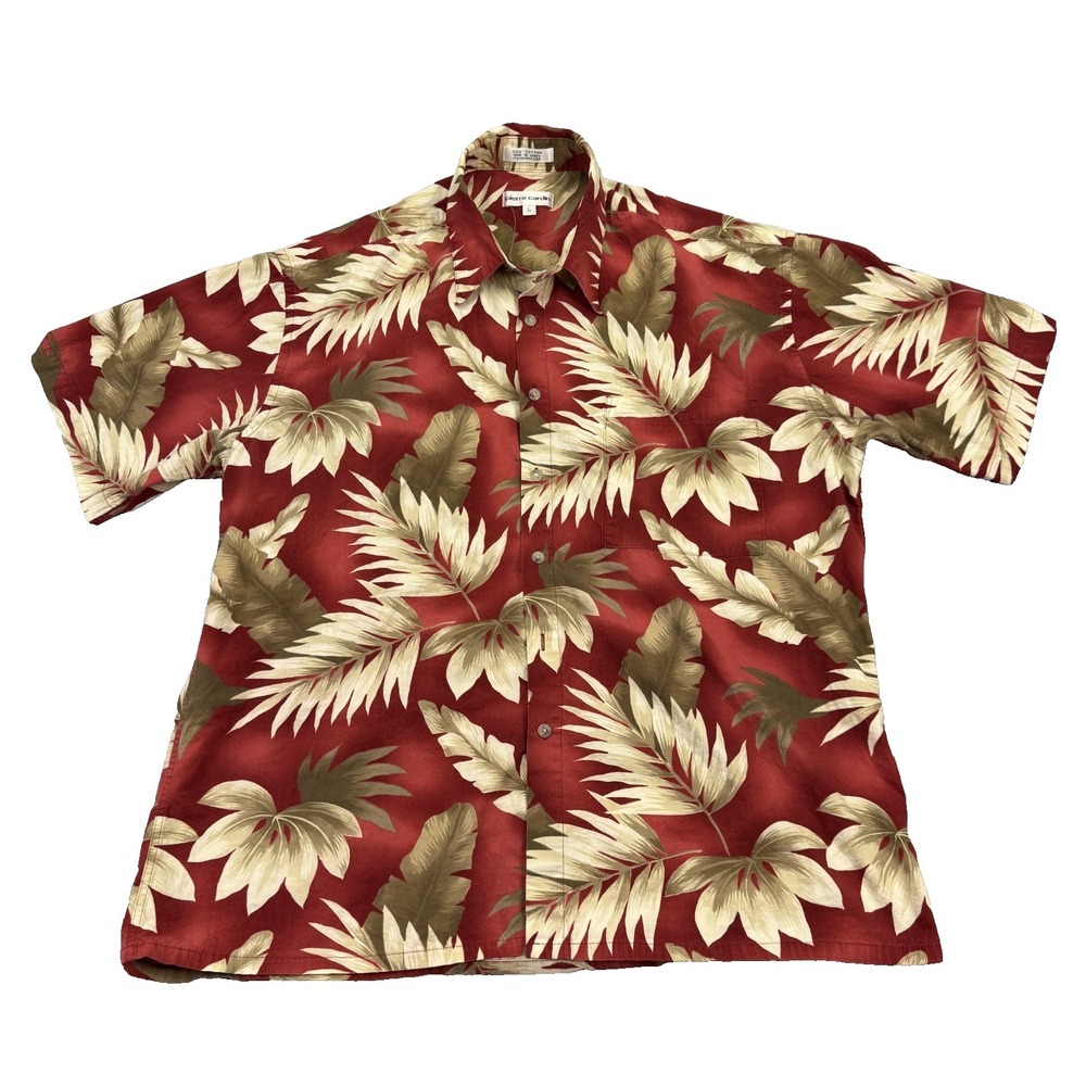 Pierre Cardin Shirt Mens Large Red Leaf Print Hawaiian Aloha Button Front - READ